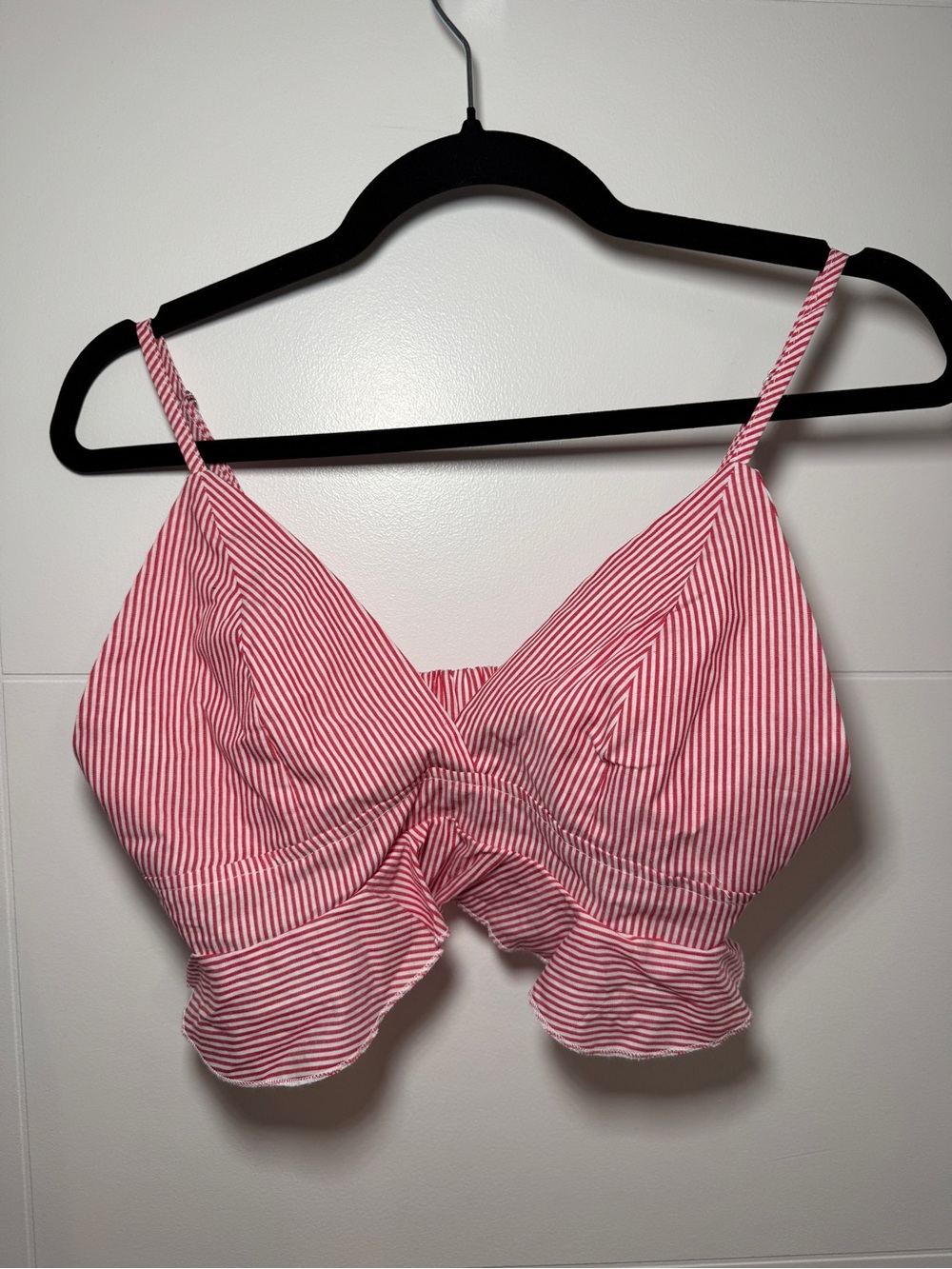SHEIN Red and White Striped Twisted Ruffle Crop Cami